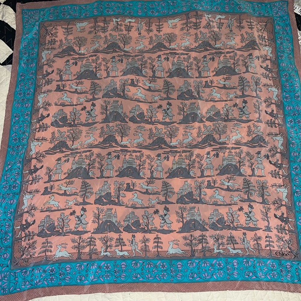 Vintage Chloe Square Silk Scarf  32” pink & turquoise